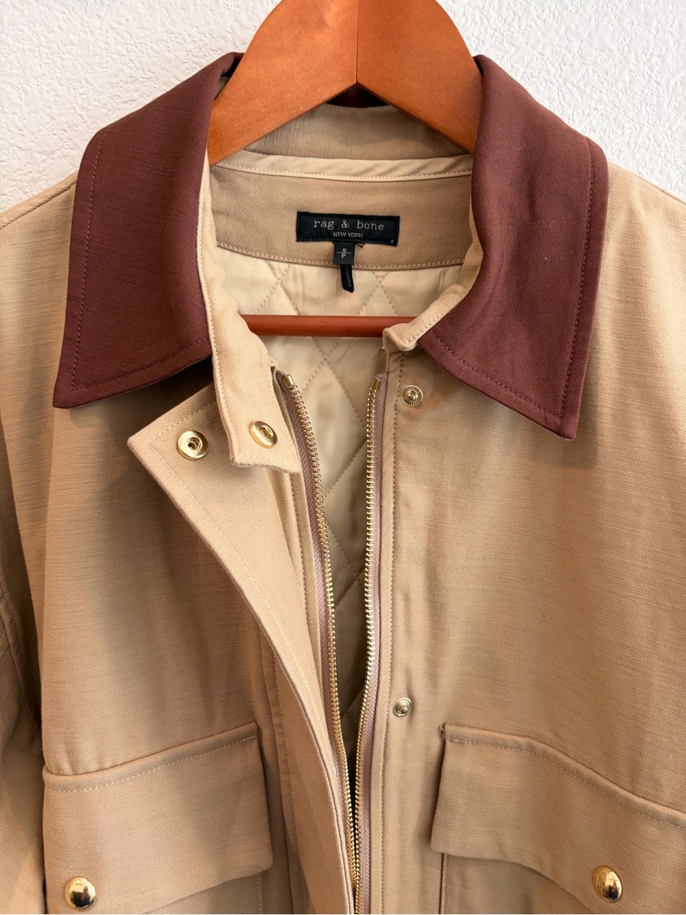 Rag & Bone Women's Tan Cotton Blend Work Jacket with Brown Collar - Picture 2 of 7